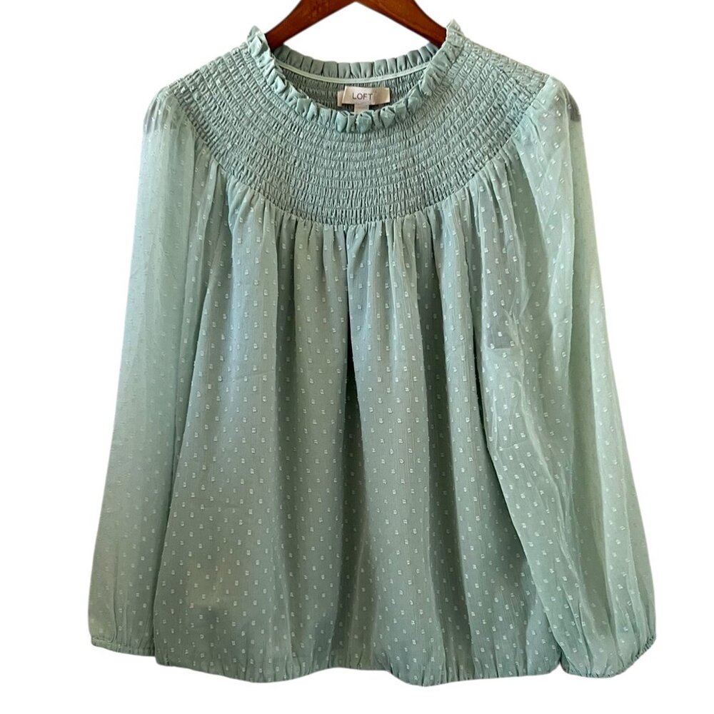 LOFT NEW Bohemian Smocked Swiss Dot Long Sleeve Blouse Size M